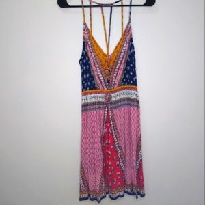 Aqua Pink Multi Colored Patchwork Bohemian Mini Dress, size Small